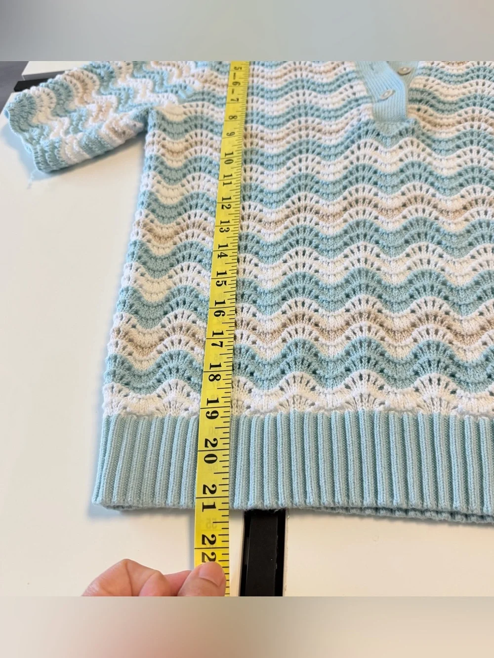 GG Blue Knit Polo Shirt  Pastel Blue Chevron Wave Crochet Short Sleeve Cotton 🩵